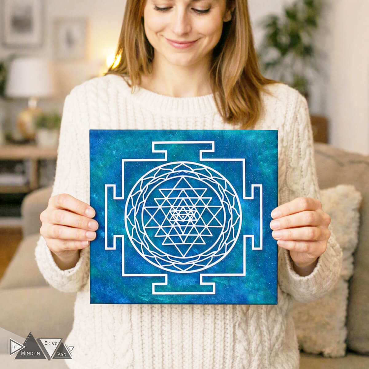Sri Yantra szakrális bőség szimbólum kézzel festett sötét akril alapon arany plexi betéttel - spirituális fali dekor - Időtlen Rezgés